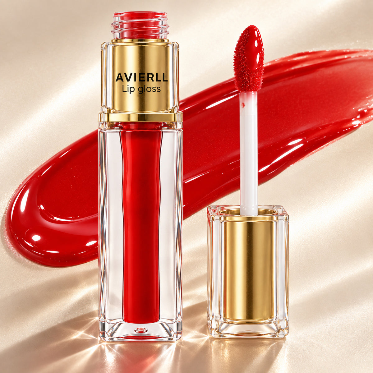 AVIERLL Red Lip Gloss applicator and swatch