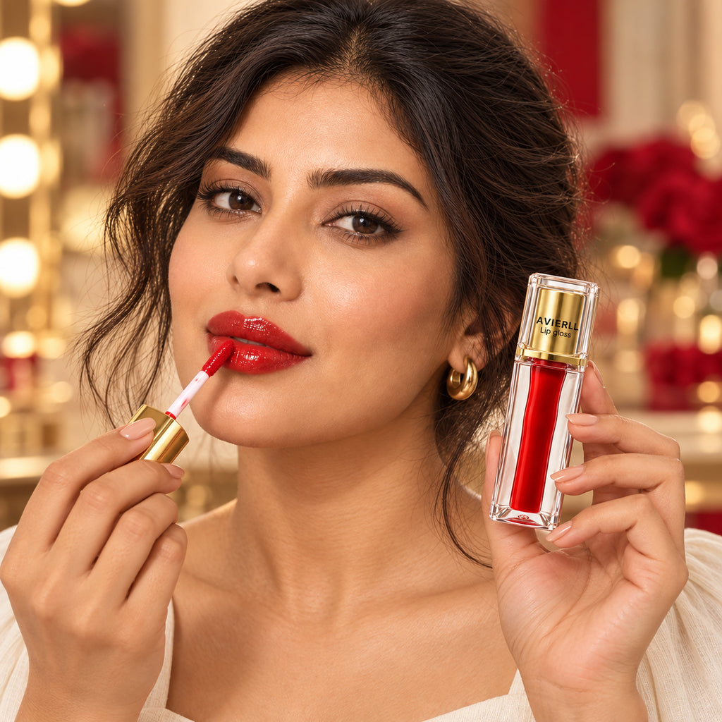 Model applying AVIERLL Red Lip Gloss