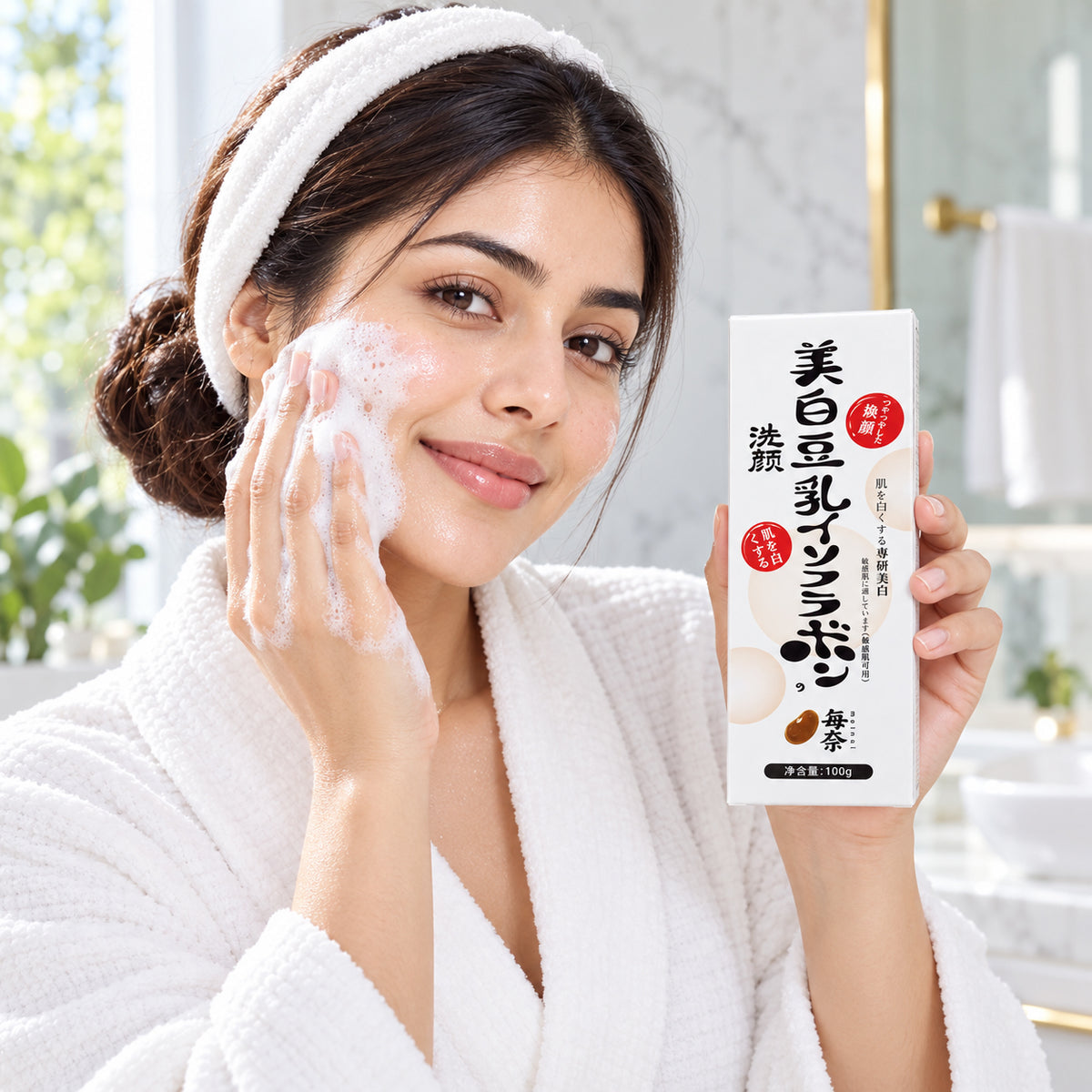 Model washing face with Meina Soy Milk Whitening Soap showing rich lather