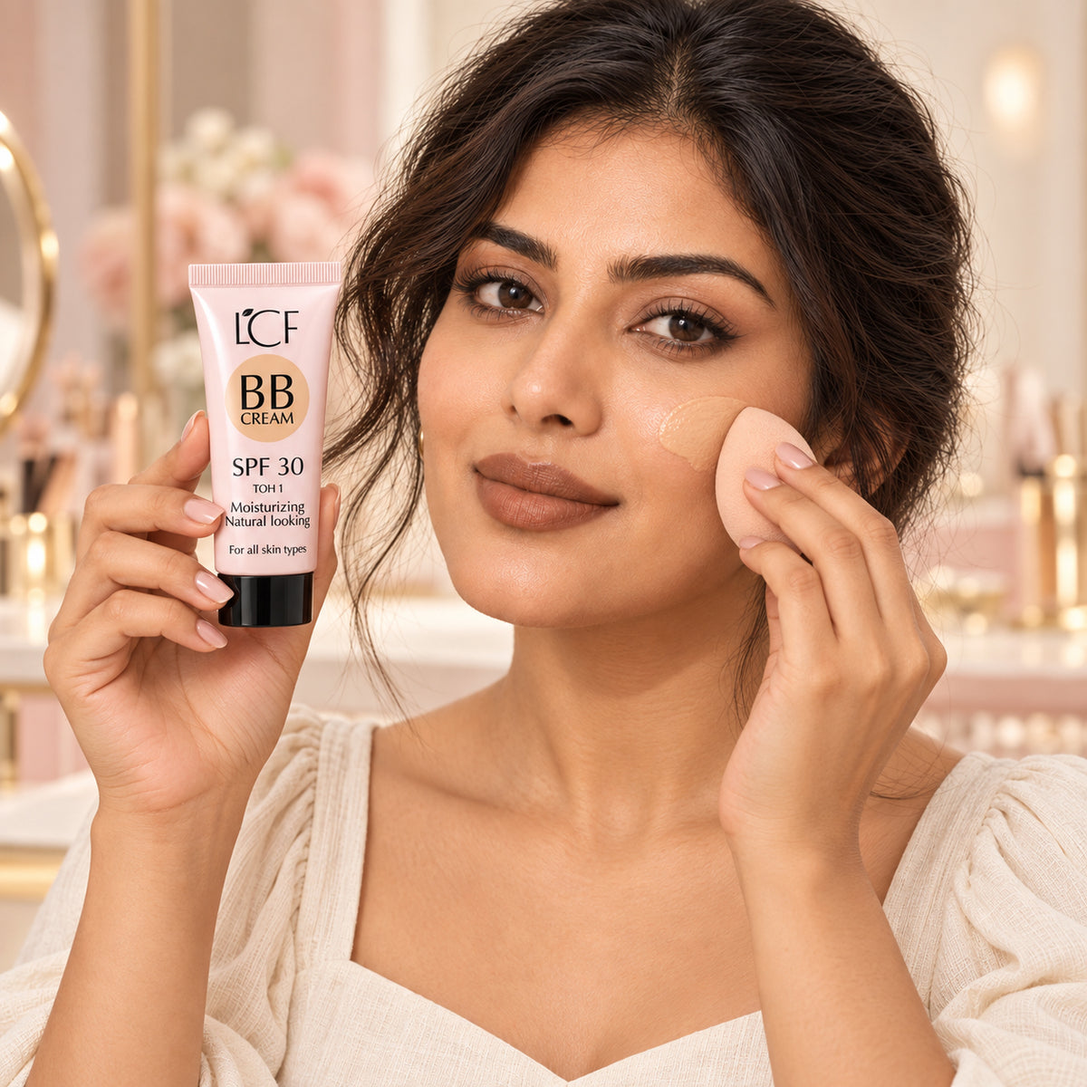 Model applying LCF BB Cream with beauty sponge