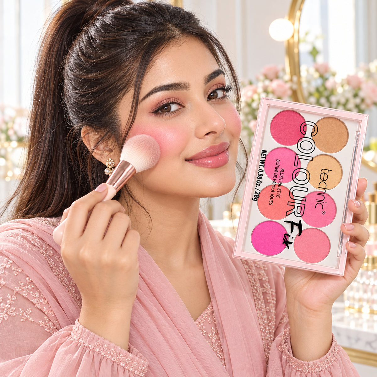Model applying Technic Colour Fix Blush Palette for a rosy glam look