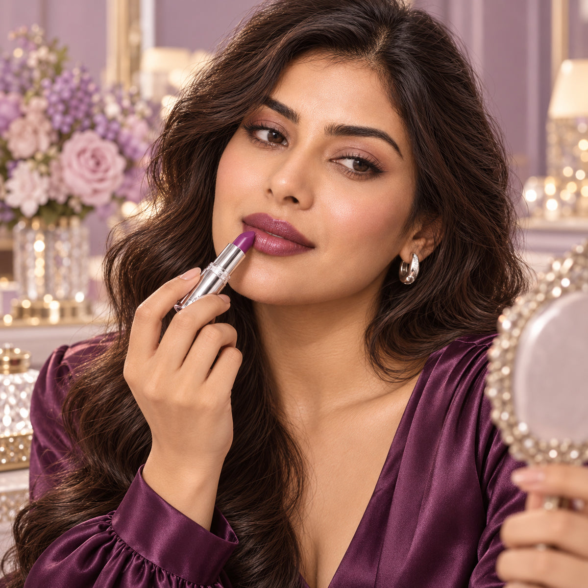 Model applying Just Kolour Mauve Metallic Lipstick