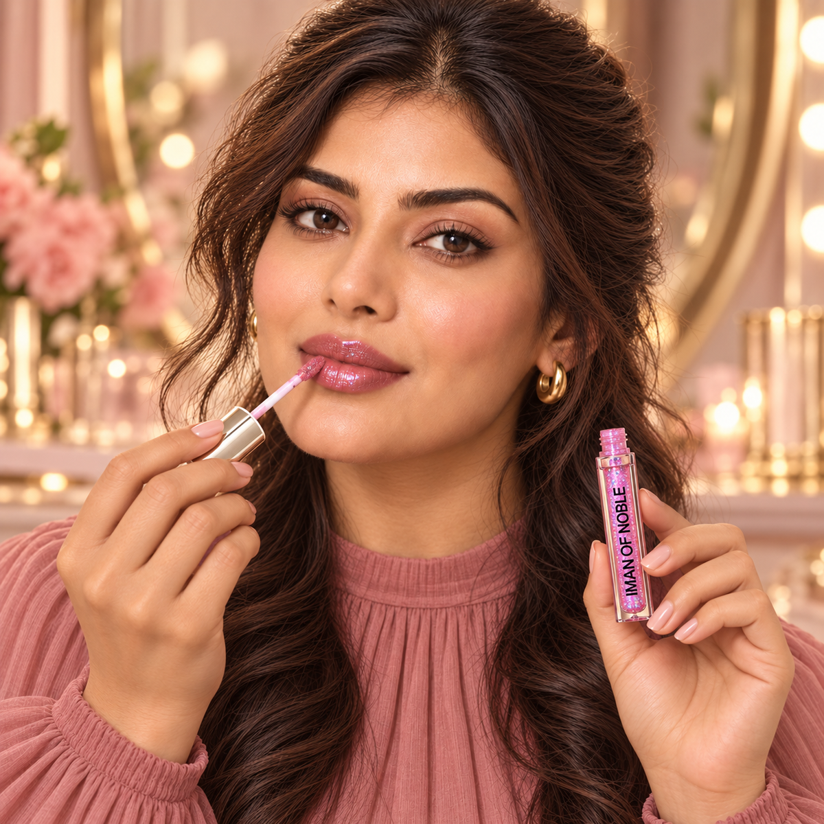 Model applying Iman of Noble Pink Glitter Lip Gloss – lifestyle