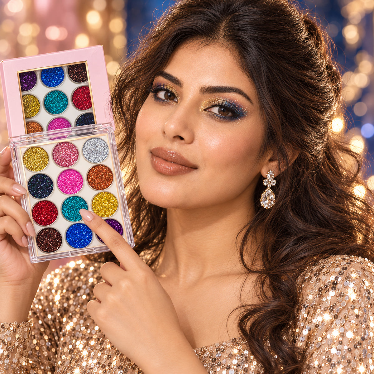 Model holding MARS Glitter Palette with glam eye look