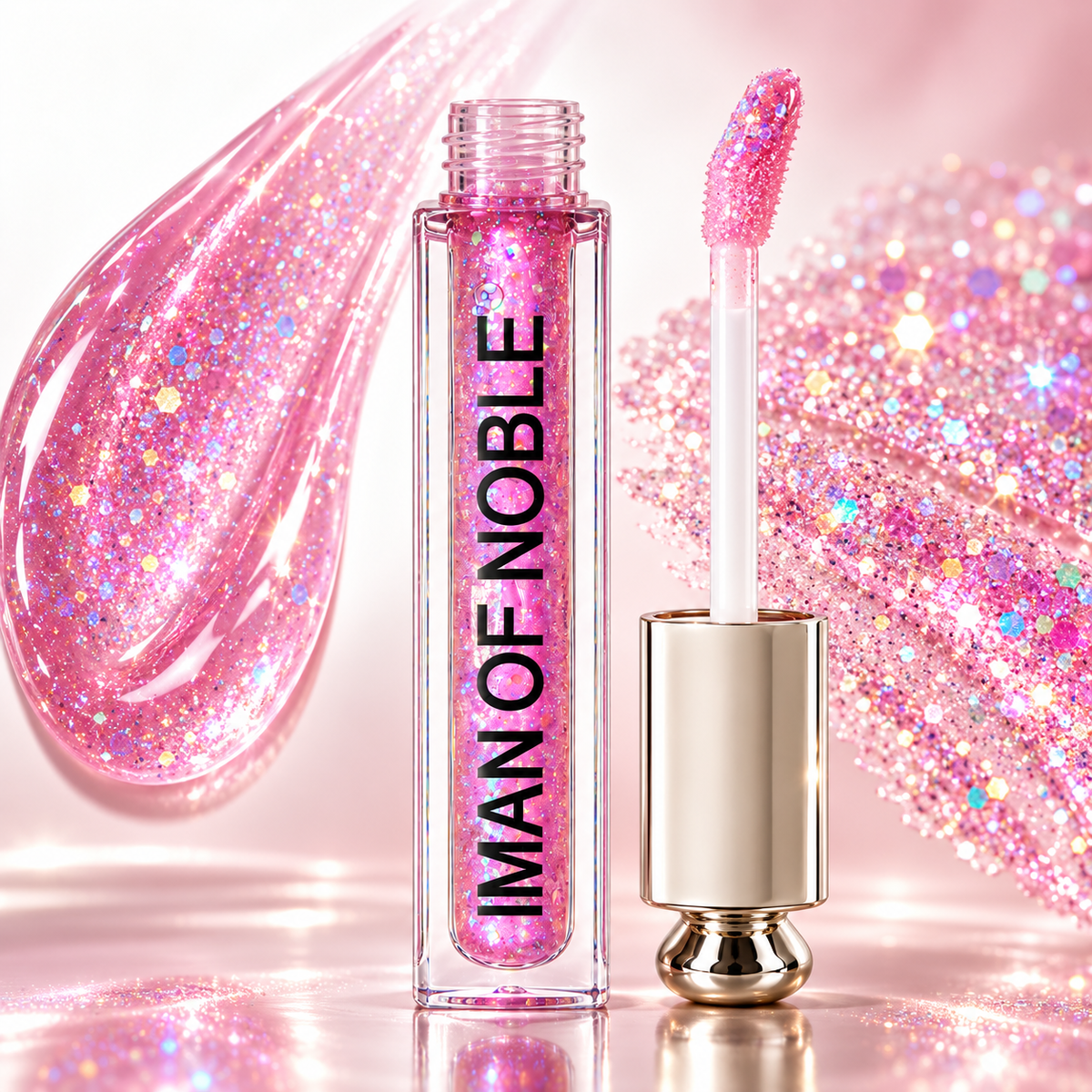Iman of Noble Pink Glitter Lip Gloss open with swatch – detail