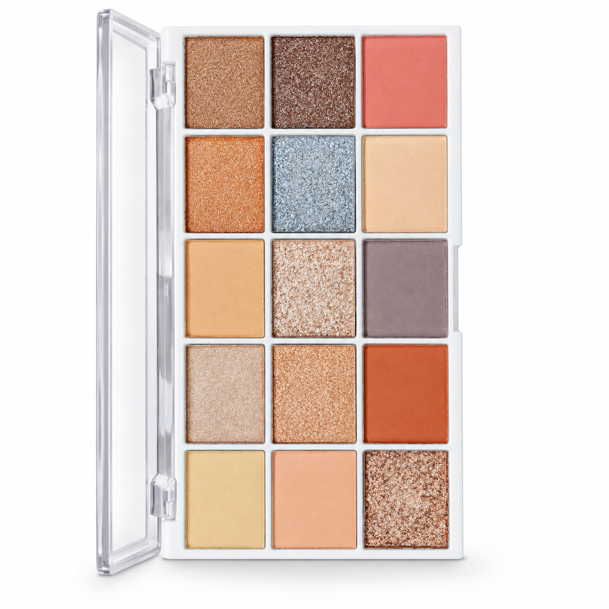 15-pan neutral eyeshadow palette open showing all shades