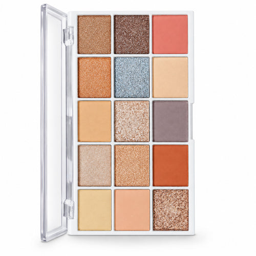 15-pan neutral eyeshadow palette open showing all shades