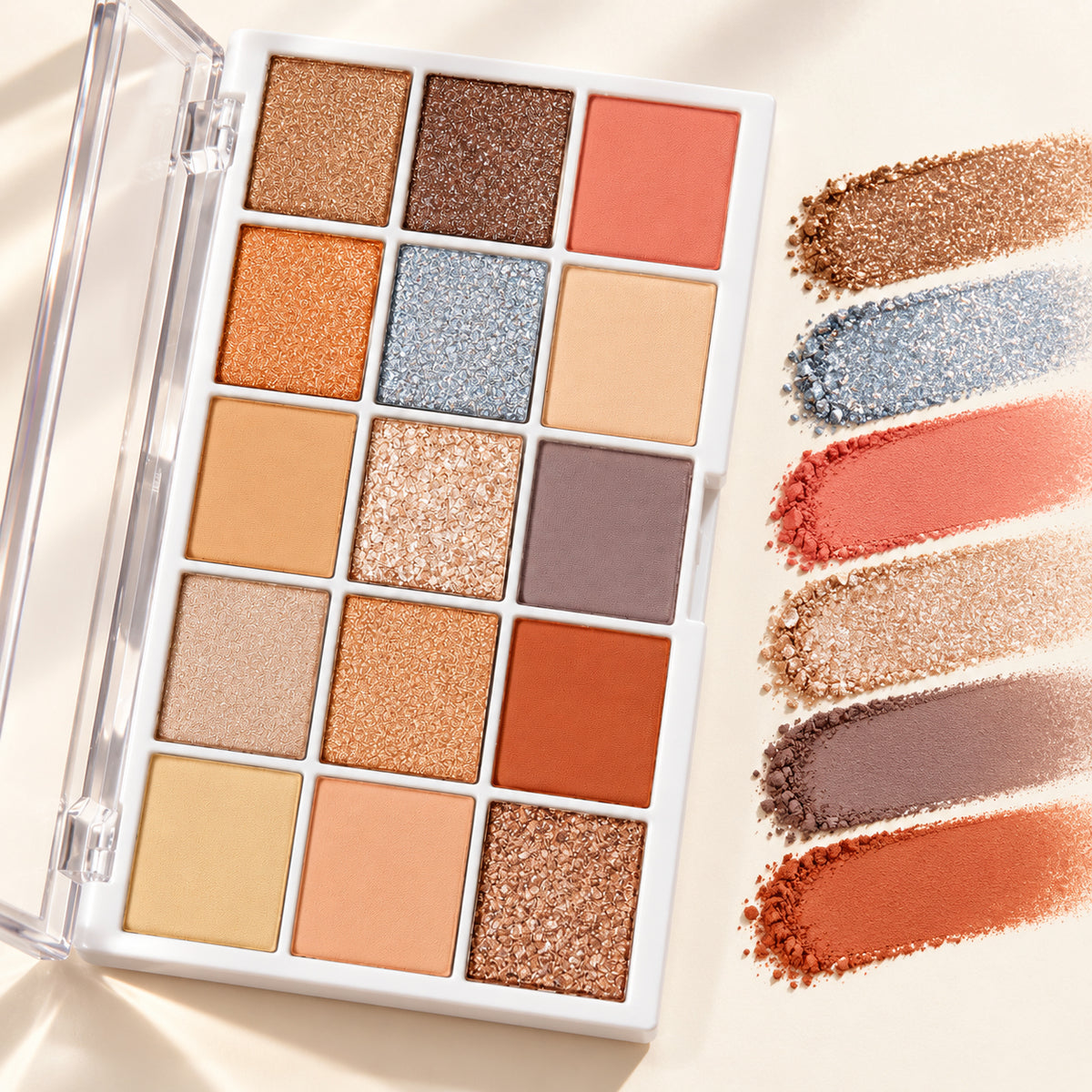 15-pan neutral eyeshadow palette open with color swatches