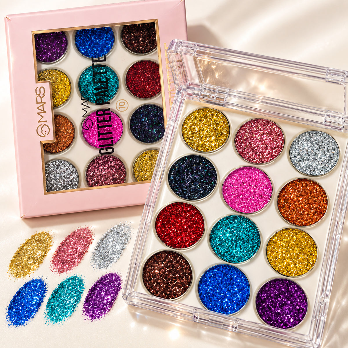 MARS Glitter Palette open with color swatches