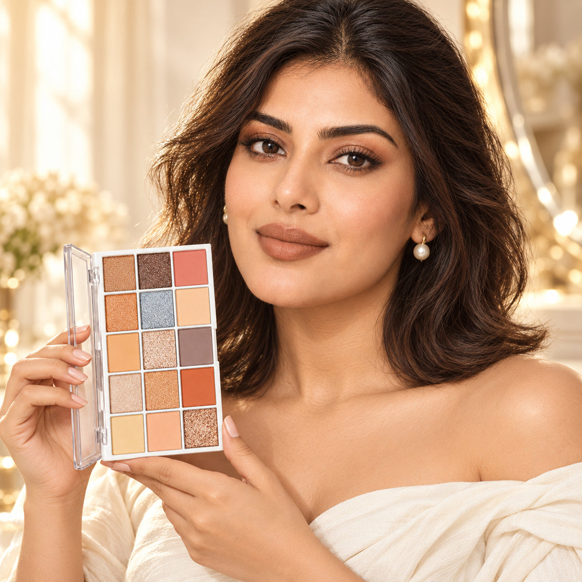 Model holding 15-pan warm neutral eyeshadow palette
