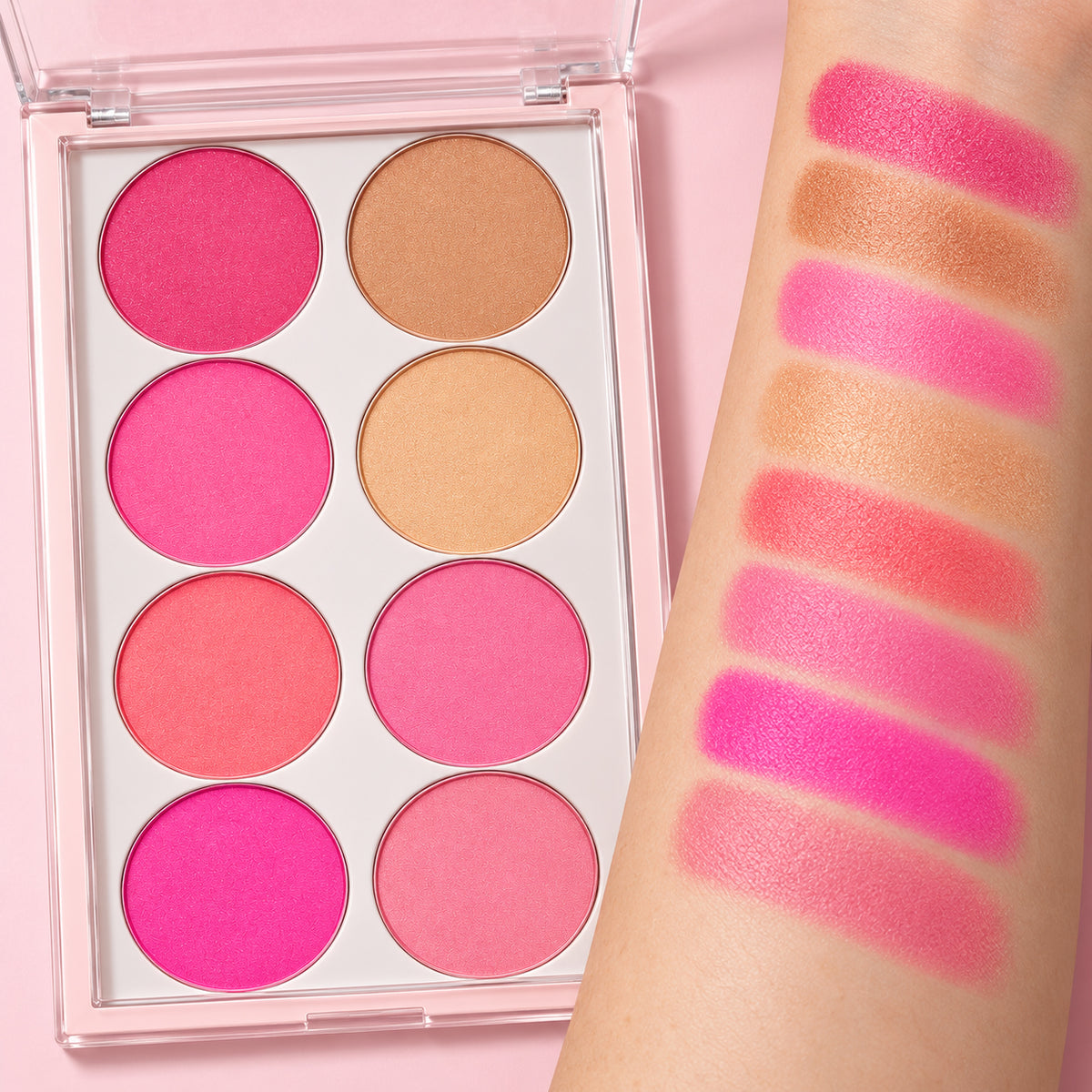 Technic Colour Fix Blush Palette swatches on arm showing pink and bronze shades